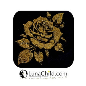 May include: A gold glitter rose embroidery design on a black background. The design features a single rose with leaves and a bud.