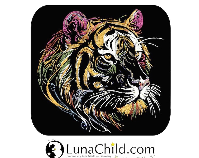 Neu AUFWENDIGE Stickdatei Tiger "Jupiter" realistisch bunt farbig kommerzielle Nutzung LunaChild für dunkle Stoffe