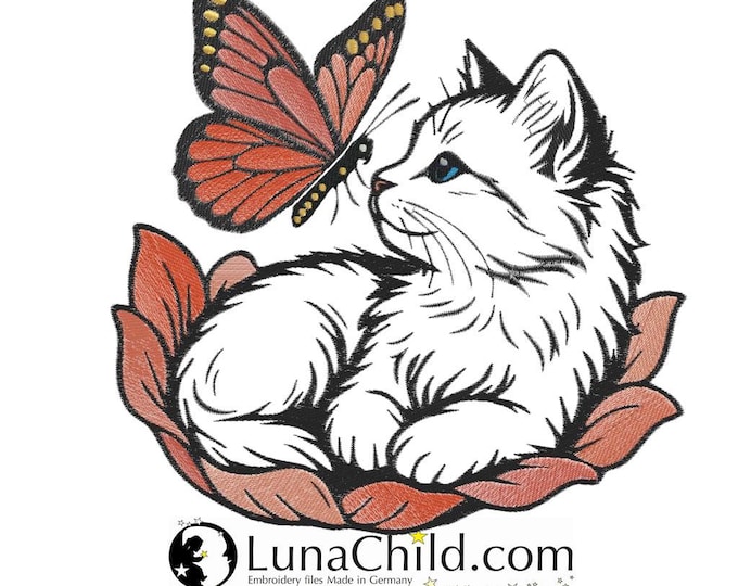 Stickdatei - Katze  - Schmetterling - "Kiyomi" - in 10 Größen - für helle Stoffe - LunaChild