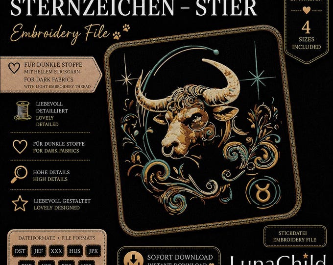 Mystical Taurus Embroidery Design • Bull Embroidery File • Zodiac Pattern • Astrology Design • Dark Fabric Embroidery • LunaChild