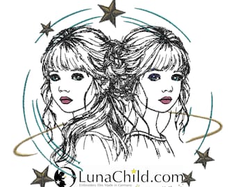 Neu Stickdatei Sternzeichen Zwilling Mädchen realistisch  kommerzielle Nutzung LunaChild für helle Stoffe