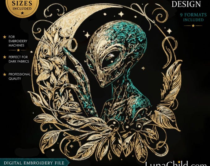 Alien in the Moon Embroidery Design • Grey Alien Machine Embroidery File • 8 Sizes Included • Sci-Fi Space Motif • LunaChild