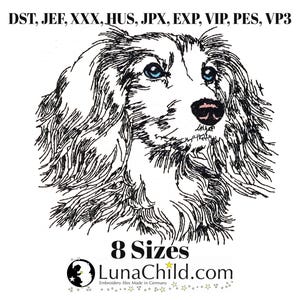 Könnte beinhalten: Schwarz-Weiß-Strichzeichnung eines Hundegesichts mit blauen Augen und einer rosa Nase. Das Bild enthält oben den Text "DST, JEF, XXX, HUS, JPX, EXP, VIP, PES, VP3" und unten "8 Sizes LunaChild.com". Der Hund hat langes, fließendes Fell.