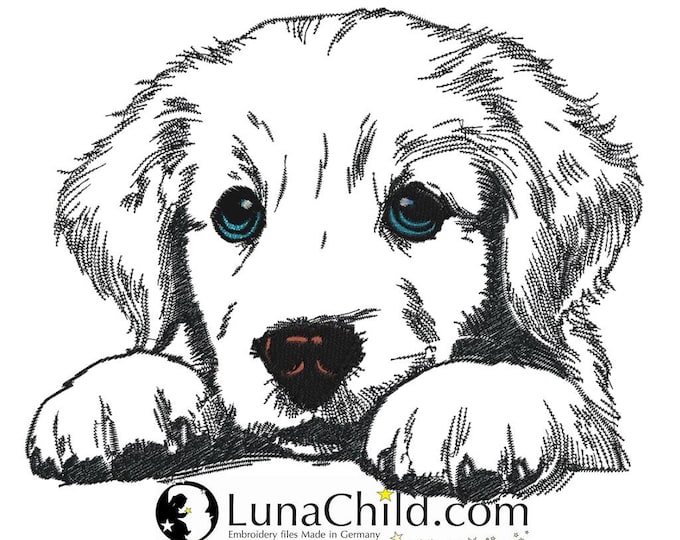 Stickdatei - Golden Retriever Welpe "Gabby" - Hund - für helle Stoffe - in 8 Größen - LunaChild