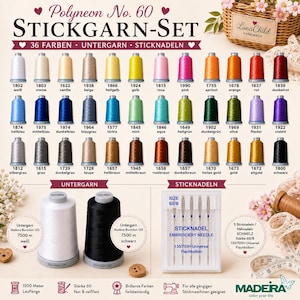 36 Color MADEIRA Polyneon No. 60 Embroidery Thread Set • 1500m Each • Fine Machine Embroidery Thread • 2 Bobbin Threads • SCHMETZ 60 Needles