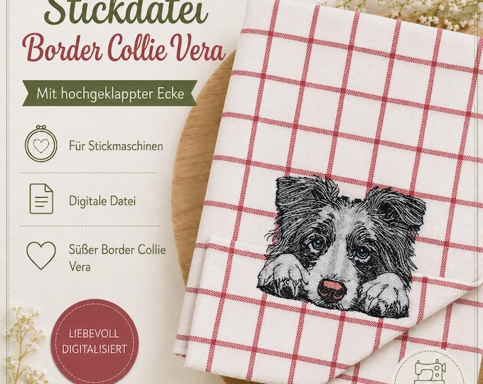 Stickdatei - Vollstick - Border Collie Welpe "Vera" - Für helle & dunkle Stoffe - 3 Größen - Hund - ITH - Geschirrtuch - LunaChild