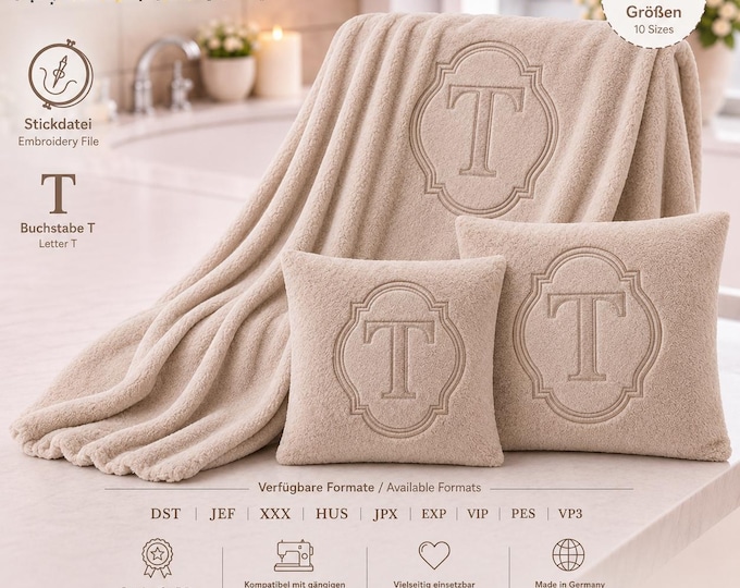 Embossed Embroidery File Letter "T" • Embossed Towel Design • 10 Sizes • LunaChild