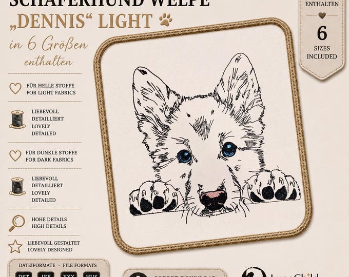 Stickdatei Schäferhund Welpe „Dennis“ LIGHT – German Shepherd Puppy Embroidery Design – 6 Größen – LunaChild