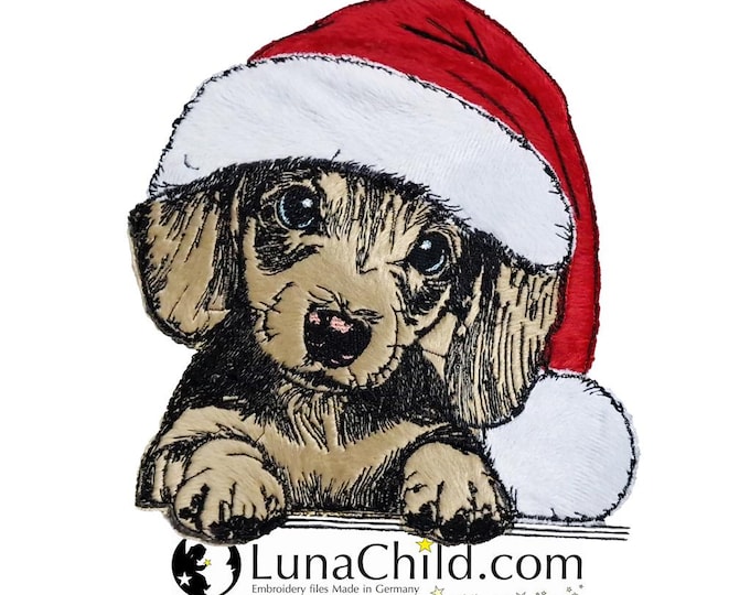 Stickdatei - Applikation Dackel Welpe  "Sadie" mit Zipfelmütze - für helle & dunkle Stoffe - 8 Größen - LunaChild - Hund