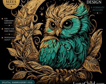 Mystical Owl in Moon Embroidery Design "Eulalia" – Gothic Owl Machine Embroidery File – Dark Fabric Embroidery Pattern – 8 Sizes