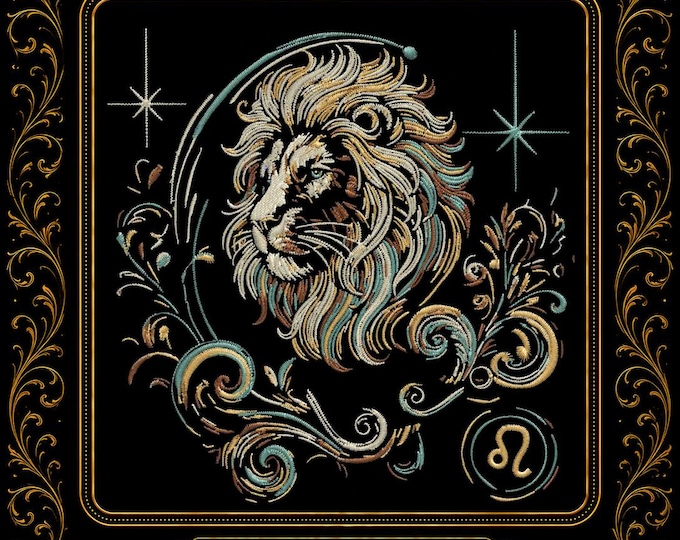 Leo Zodiac Embroidery Design • Mystical Lion Embroidery Pattern • Machine Embroidery File for Dark Fabrics • 4 Sizes •  LunaChild
