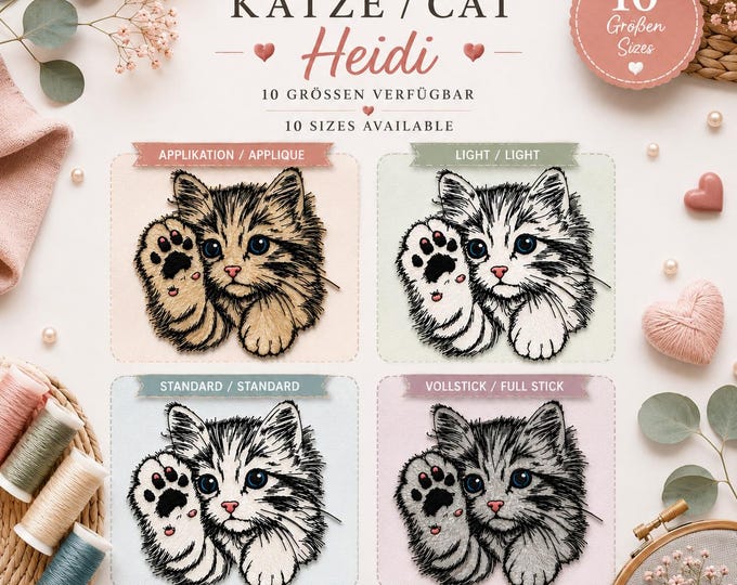 Stickmotiv - Set - Applikation - Vollstick - Light - Standart  - Katze "Heidi" - für helle & dunkle Stoffe - in 10 Größen - LunaChild