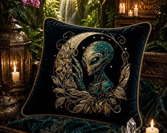 Alien in the Moon Embroidery Design “Grey” | Sci-Fi Machine Embroidery for Black Fabric | 8 Sizes | 2 Versions