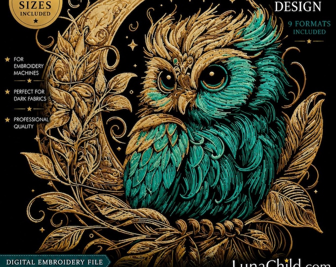 Mystical Owl in Moon Embroidery Design "Eulalia" – Gothic Owl Machine Embroidery File – Dark Fabric Embroidery Pattern – 8 Sizes