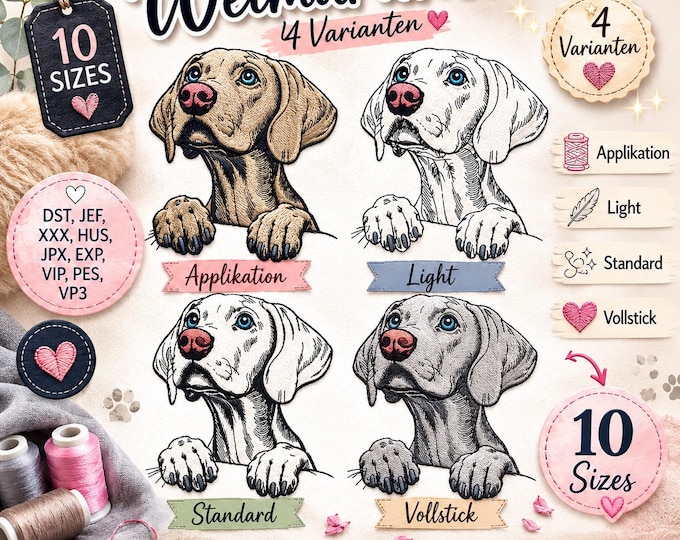 Stickdatei Set Weimaraner „Emma“ – Applikation, Vollstick, Standard & Light – 4 Varianten – 10 Größen – LunaChild