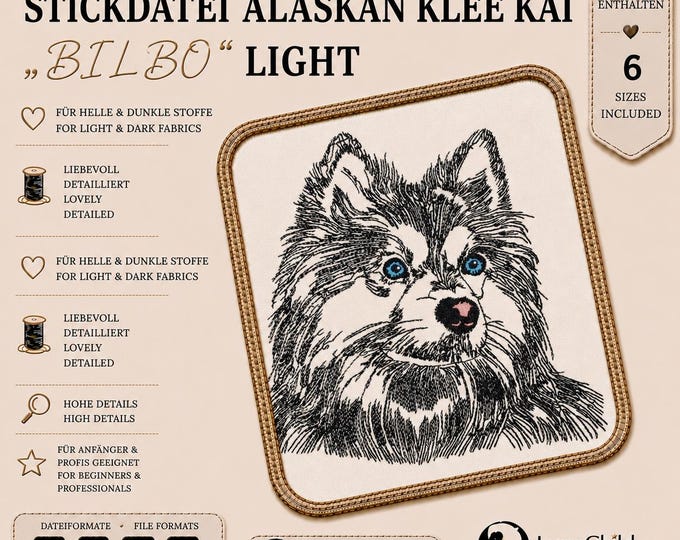 Alaskan Klee Kai Embroidery Design "Bilbo" LIGHT • Realistic Alaskan Klee Kai Dog Embroidery Pattern •  6 Sizes • LunaChild