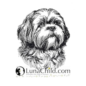 May include: Black and white line drawing of a Shih Tzu dog with fluffy fur. The dog is looking directly at the viewer.