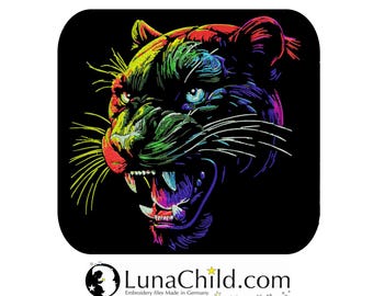 Neu AUFWENDIGE Stickdatei Panter "Brady" realistisch Neon Farben kommerzielle Nutzung LunaChild für dunkle Stoffe