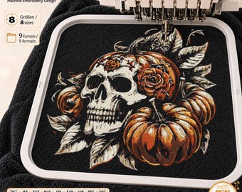 Skull Embroidery File “Vanessa” | Gothic Halloween Design with Roses & Pumpkin | Black Fabrics | 8 Sizes | LunaChild
