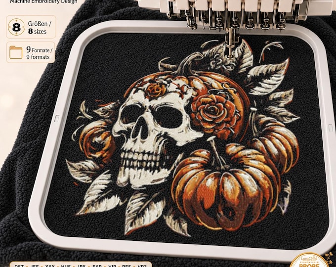 Skull Embroidery File “Vanessa” | Gothic Halloween Design with Roses & Pumpkin | Black Fabrics | 8 Sizes | LunaChild