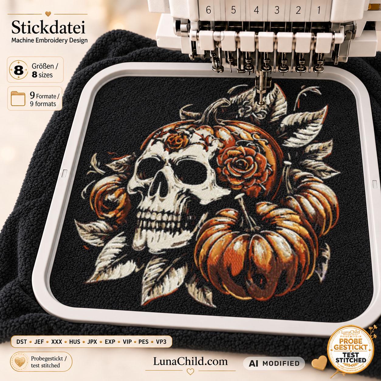 Skull Embroidery File “Vanessa” | Gothic Halloween Design with
