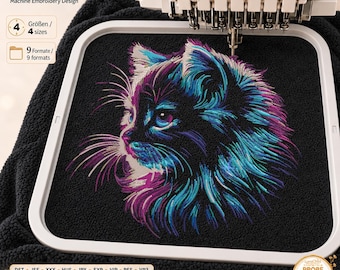Colorful Cat Embroidery File “Ginger” | Realistic Portrait for Black Fabrics | 2 Versions | 4 Sizes | LunaChild