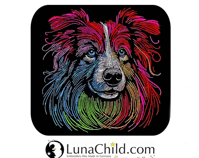 Embroidery file Border Collie "Ulrich" dog realistic colorful commercial use LunaChild for dark fabrics