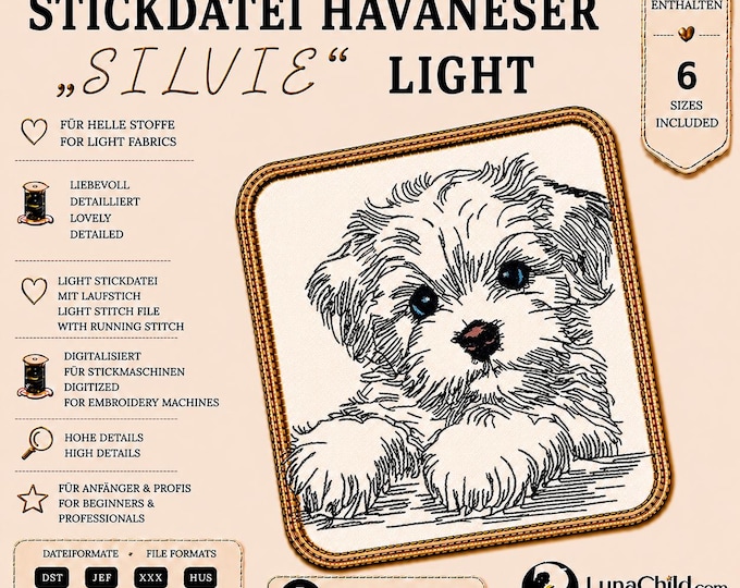Stickmotiv Havaneser „Silvie“ LIGHT – Stickmuster Hund – in 6 Größen – LunaChild