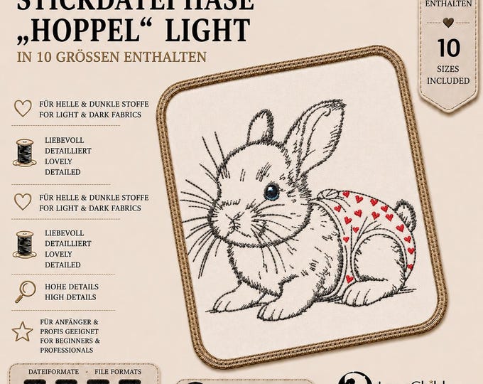 Stickdatei Hase „Hoppel“ LIGHT – Hase Stickmotiv - 10 Größen – LunaChild