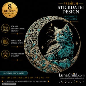 Könnte beinhalten: Eine digitale Stickdatei mit einer Katze in einer Mondsichel, verziert mit goldenen und türkisfarbenen Wirbelmustern auf schwarzem Grund. Der Text umfasst PREMIUM STICKDATEI DESIGN, 8 GRÖSSEN ENTHALTEN, 9 FORMATE ENTHALTEN und LunaChild.com.