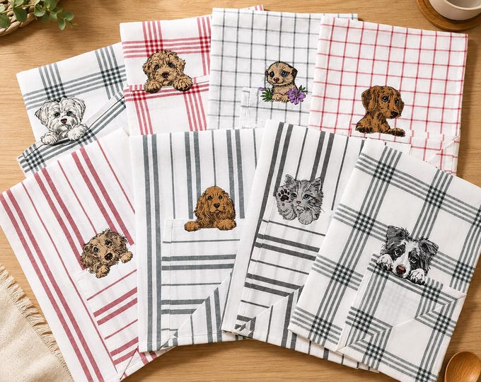 Stickdatei Set 8 Motive Cocker Spaniel, Malteser, Cockapoo, Dackel, Katze, Erdmännchen, Border Collie - Geschirrtuch - 3 Größen – LunaChild