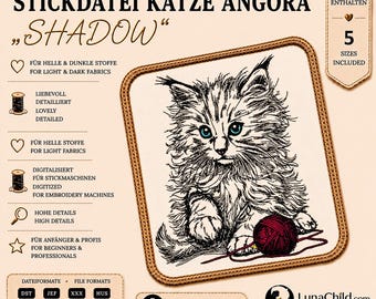 Angora Cat Embroidery Design "Shadow" – Long Hair Cat Embroidery Pattern – 5 Sizes – LunaChild