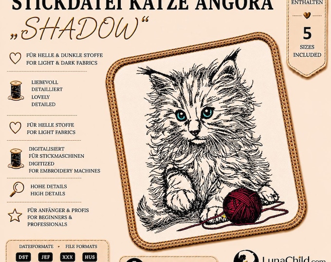 Angora Cat Embroidery Design "Shadow" – Long Hair Cat Embroidery Pattern – 5 Sizes – LunaChild