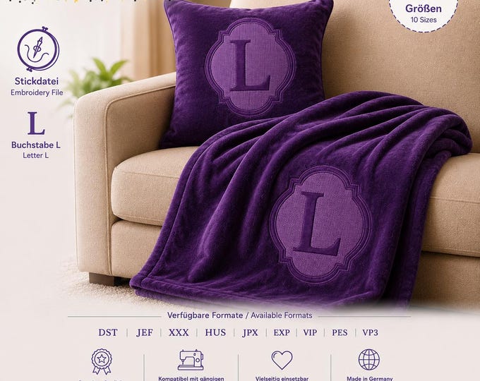 Embossed Embroidery File Letter „L“ • Monogram Towel Design • Bath Font 10 Sizes • LunaChild