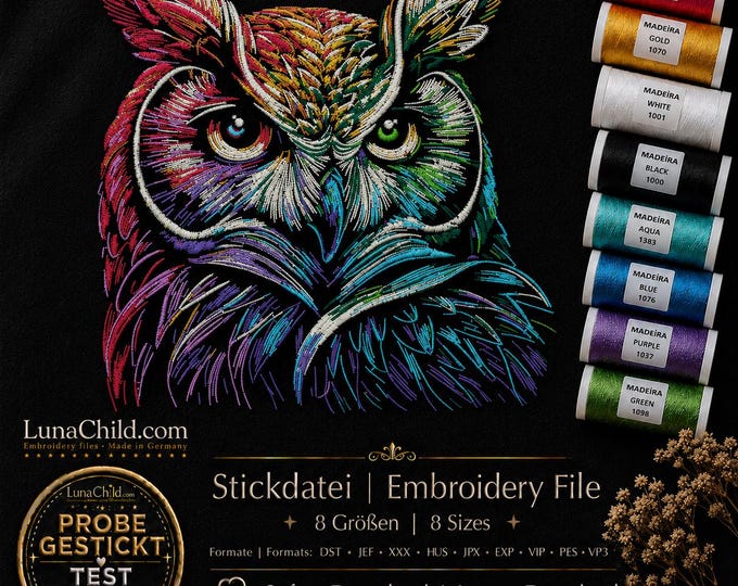 Owl Embroidery File “Jörg” – Realistic Owl Machine Embroidery Design – 8 Sizes – 2 Versions – Black Fabric – LunaChild