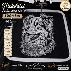 Stickdatei Australian Shepherd „Isaac“ | Hunde Stickmotiv Light mit weniger Stichen für dunkle Stoffe | 10 Größen | 2 Versionen