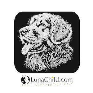May include: Black and white line art illustration of a Golden Retriever dog's head. The dog is looking to the left with its tongue sticking out. The image is on a black background.