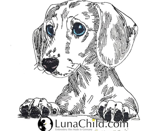 WENIGER STICHE - Stickdatei Dackel "Izzy" LIGHT - für Helle Stoffe -  Hund - LunaChild - 7 Größen -