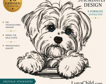Stickdatei - Malteser Welpe  "Nala" - in 10 Größen - für helle Stoffe -  Hund - LunaChild