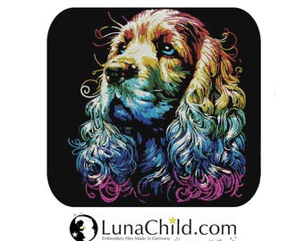 NEU AUFWENDIGE Stickdatei Cocker Spaniel "Moreno" Hund in Regenbogen Farben bunt realistisch dunkle Stoffe kommerzielle Nutzung LunaChild