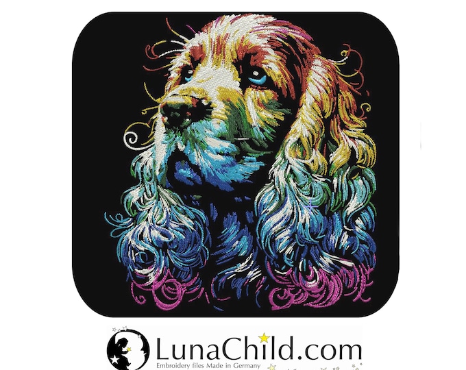 NEU AUFWENDIGE Stickdatei Cocker Spaniel "Moreno" Hund in Regenbogen Farben bunt realistisch dunkle Stoffe kommerzielle Nutzung LunaChild