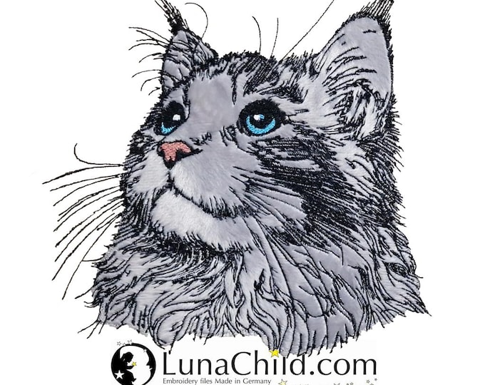 Stickdatei - Maine Coon Katze - Applikation - "Dani" - Für helle & dunkle Stoffe - in 8 Größen - LunaChild