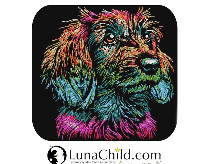 NEU AUFWENDIGE Stickdatei Rauhaardackel "Hexi"  Hund realistisch bunt kommerzielle Nutzung LunaChild für dunkle Stoffe