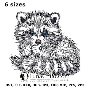 Pode incluir: Desenho de bordado de linha preto e branco de um guaxinim com olhos azuis. O design está disponível em seis tamanhos e nos seguintes formatos: DST, JEF, XXX, HUS, JPX, EXP, VIP, PES, VP3.