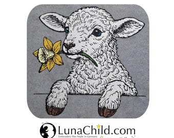 Stickdatei - Vollstick - Lamm mit Narzisse "Marry" - Für helle & dunkle Stoffe - 8 Größen - LunaChild