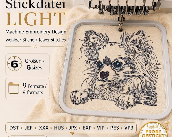 Chihuahua Embroidery Design “Kim” | Realistic LIGHT Dog Design for Light Fabrics | 6 Sizes | 2 Versions