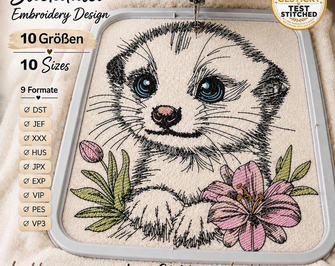 Meerkat Embroidery Design “Chip” | LIGHT Animal Embroidery with Fewer Stitches for Light Fabrics | 10 Sizes | 2 Versions