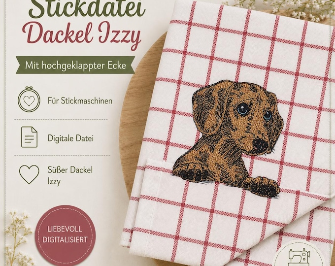 Stickdatei - Vollstick - Dackel Welpe "Izzy" - Für helle & dunkle Stoffe - 3 Größen - Hund - ITH - Geschirrtuch - LunaChild