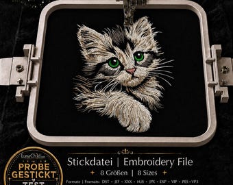 Cat Embroidery File “Meggan” | Realistic Cat Design for Black Fabrics Only | 8 Sizes