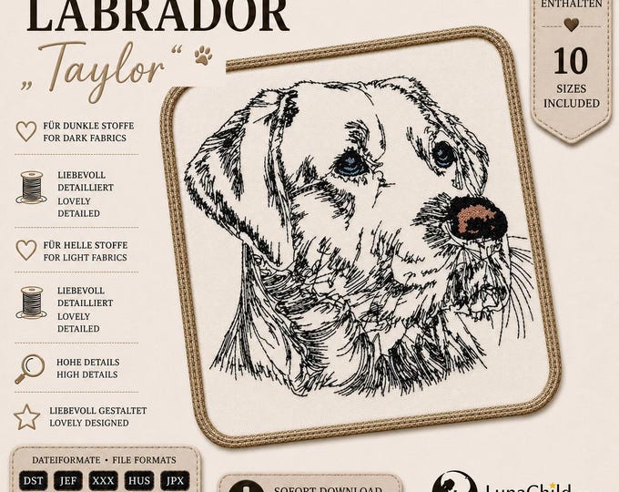 Stickdatei Labrador „Taylor“ LIGHT – Labrador Stickdatei – 10 Größen – LunaChild